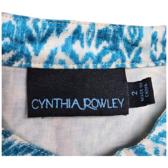 Cynthia Rowley Dress Women 2 Blue Linen Sleeveless Geometric Print Lined Pockets - Picture 14 of 15